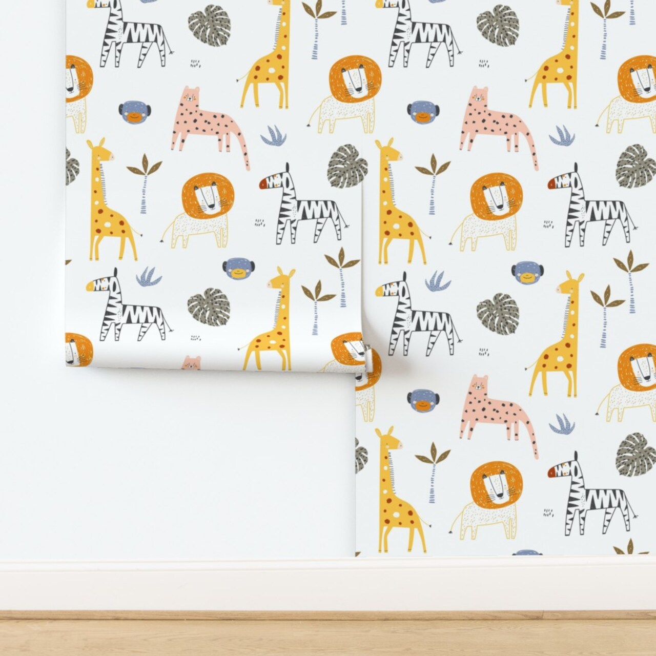 Whimsical Animals Scandi Kids Baby Playroom Jungle Leopard Giraffe Zebra Monkey Lion Palm Safari Zoo Novelty Hand Drawn Dots Nursery Nature Custom Pre-pasted Wallpaper by Spoonflower Pre-Pasted Wallpaper 2FT Wide